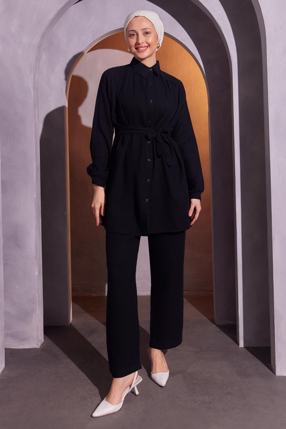 Tesettür giyim SİYAH KUŞAKLI PANTOLONLU MÜSLİN TAKIM T 2904