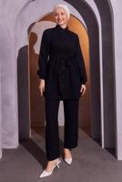 Tesettür giyim SİYAH KUŞAKLI PANTOLONLU MÜSLİN TAKIM T 2904