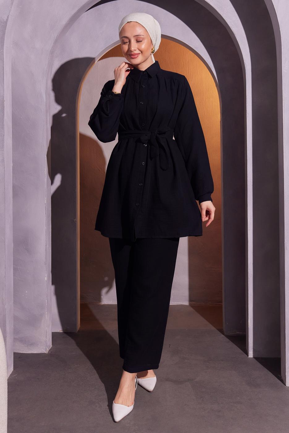 Tesettür giyim SİYAH KUŞAKLI PANTOLONLU MÜSLİN TAKIM T 2904