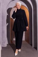 Tesettür giyim SİYAH KUŞAKLI PANTOLONLU MÜSLİN TAKIM T 2904