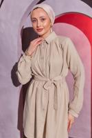 Tesettür giyim BEJ KUŞAKLI PANTOLONLU MÜSLİN TAKIM T 2904