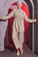 Tesettür giyim BEJ KUŞAKLI PANTOLONLU MÜSLİN TAKIM T 2904