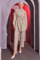 Tesettür giyim BEJ KUŞAKLI PANTOLONLU MÜSLİN TAKIM T 2904