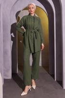 Tesettür giyim HAKİ KUŞAKLI PANTOLONLU MÜSLİN TAKIM T 2904