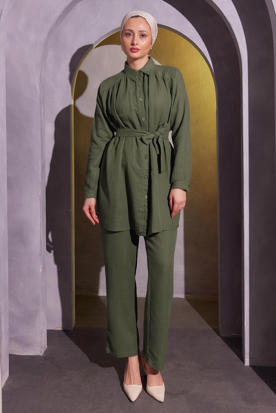 Tesettür giyim HAKİ KUŞAKLI PANTOLONLU MÜSLİN TAKIM T 2904