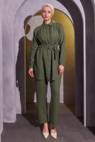 Tesettür giyim HAKİ KUŞAKLI PANTOLONLU MÜSLİN TAKIM T 2904