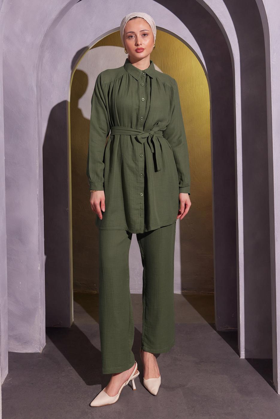 Tesettür giyim HAKİ KUŞAKLI PANTOLONLU MÜSLİN TAKIM T 2904