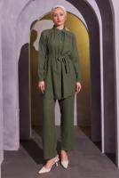 Tesettür giyim HAKİ KUŞAKLI PANTOLONLU MÜSLİN TAKIM T 2904