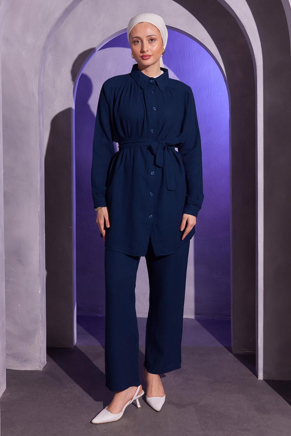 Tesettür giyim LACİVERT KUŞAKLI PANTOLONLU MÜSLİN TAKIM T 2904