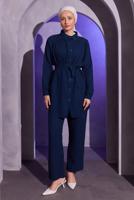 Tesettür giyim LACİVERT KUŞAKLI PANTOLONLU MÜSLİN TAKIM T 2904