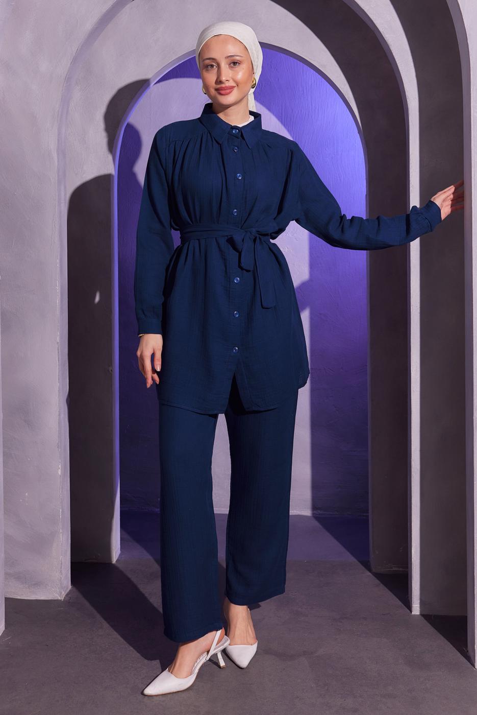 Tesettür giyim LACİVERT KUŞAKLI PANTOLONLU MÜSLİN TAKIM T 2904