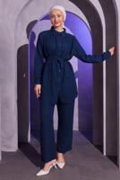 Tesettür giyim LACİVERT KUŞAKLI PANTOLONLU MÜSLİN TAKIM T 2904