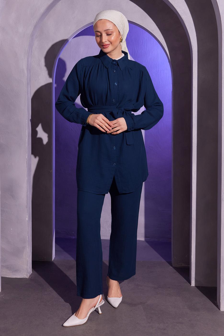 Tesettür giyim LACİVERT KUŞAKLI PANTOLONLU MÜSLİN TAKIM T 2904