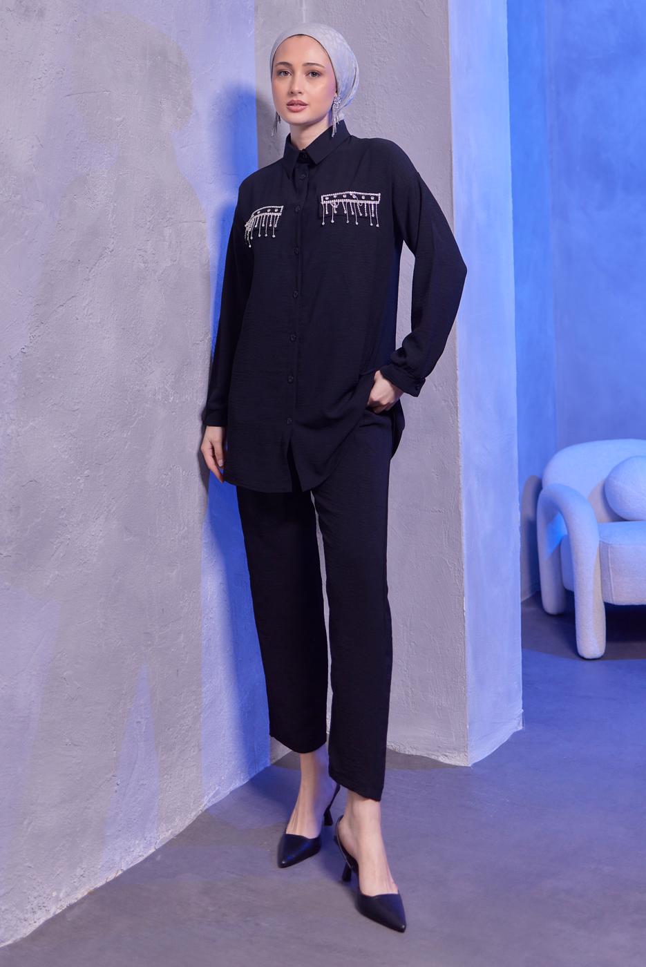 Tesettür giyim SİYAH TAŞ DETAYLI PANTOLONLU TAKIM T 3093