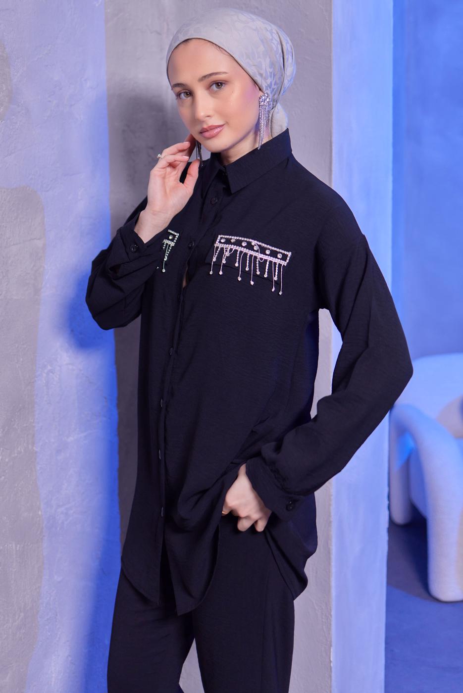 Tesettür giyim SİYAH TAŞ DETAYLI PANTOLONLU TAKIM T 3093