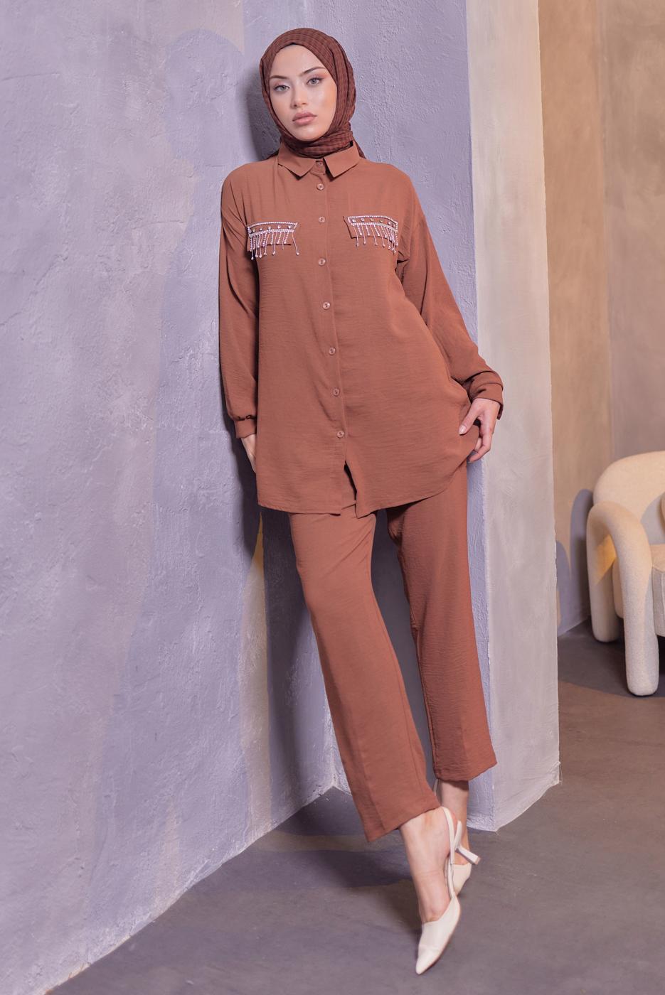 Tesettür giyim TABA TAŞ DETAYLI PANTOLONLU TAKIM T 3093