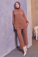 Tesettür giyim TABA TAŞ DETAYLI PANTOLONLU TAKIM T 3093