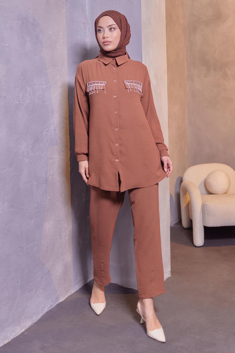 Tesettür giyim TABA TAŞ DETAYLI PANTOLONLU TAKIM T 3093