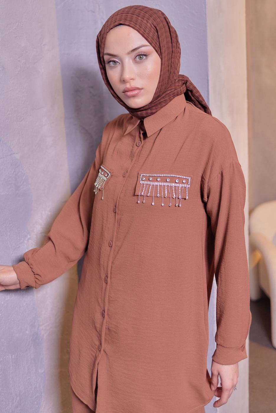 Tesettür giyim TABA TAŞ DETAYLI PANTOLONLU TAKIM T 3093