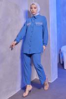 Tesettür giyim LACİVERT TAŞ DETAYLI PANTOLONLU TAKIM T 3093