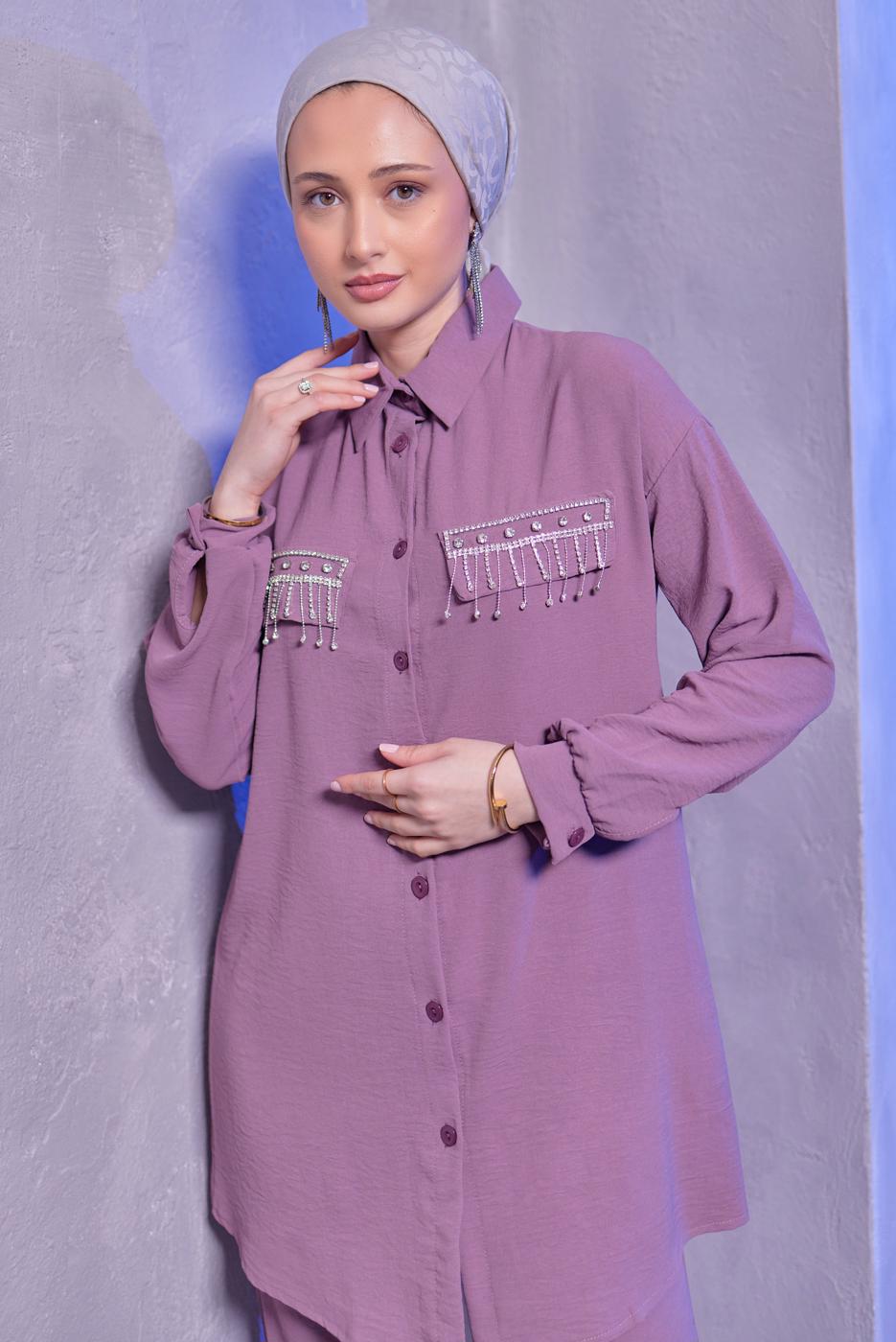 Tesettür giyim PEMBE TAŞ DETAYLI PANTOLONLU TAKIM T 3093