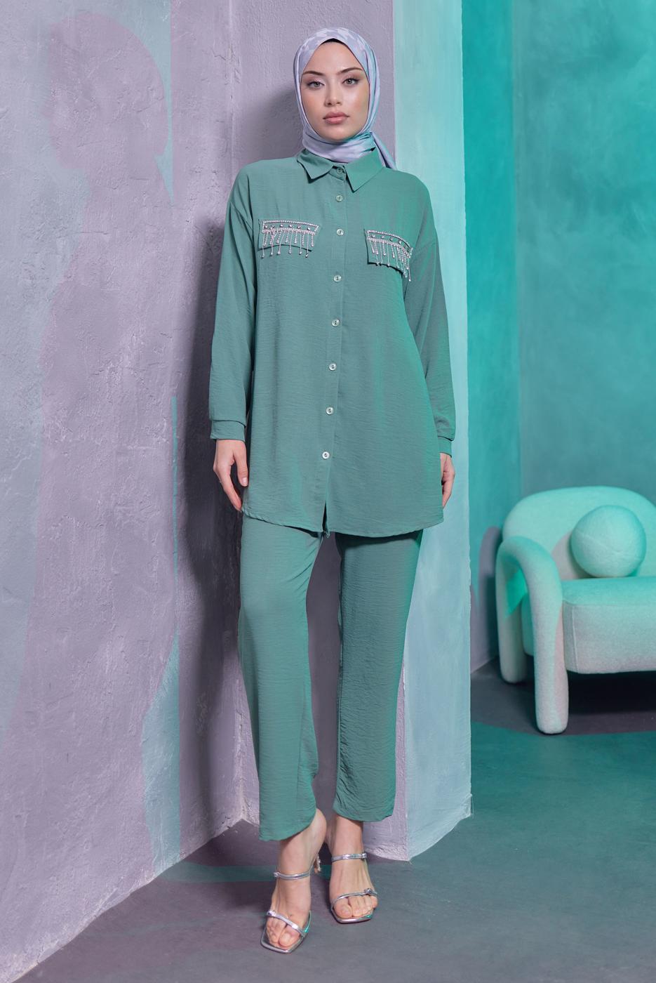 Tesettür giyim YEŞİL TAŞ DETAYLI PANTOLONLU TAKIM T 3093