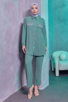 Tesettür giyim YEŞİL TAŞ DETAYLI PANTOLONLU TAKIM T 3093