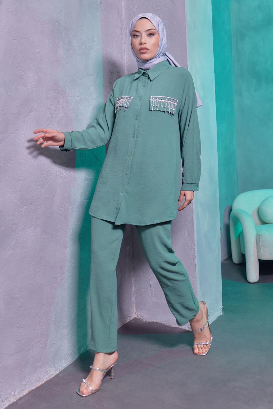 Tesettür giyim YEŞİL TAŞ DETAYLI PANTOLONLU TAKIM T 3093