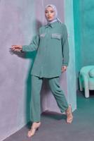 Tesettür giyim YEŞİL TAŞ DETAYLI PANTOLONLU TAKIM T 3093