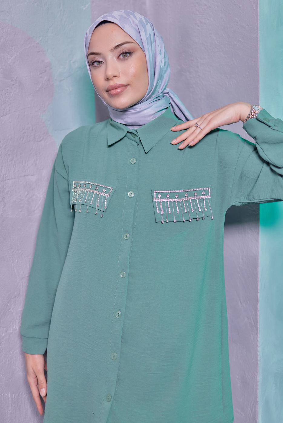 Tesettür giyim YEŞİL TAŞ DETAYLI PANTOLONLU TAKIM T 3093