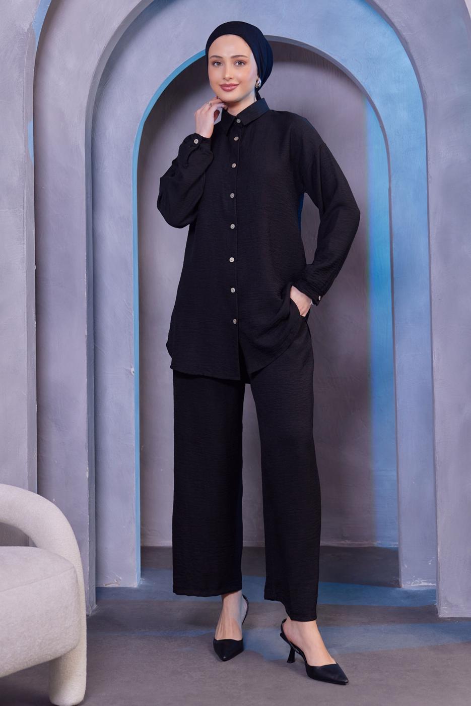 Tesettür giyim SİYAH GÖMLEK YAKA PANTOLONLU TAKIM T 3183