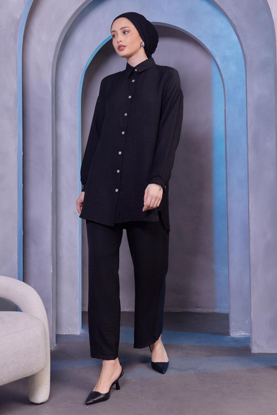 Tesettür giyim SİYAH GÖMLEK YAKA PANTOLONLU TAKIM T 3183