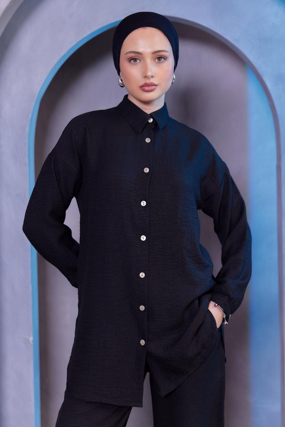 Tesettür giyim SİYAH GÖMLEK YAKA PANTOLONLU TAKIM T 3183