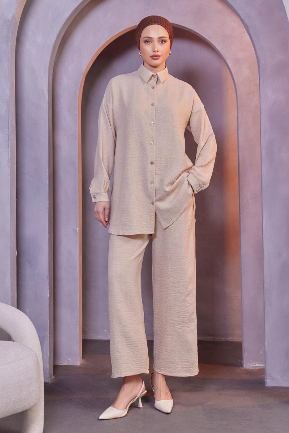 Tesettür giyim BEJ GÖMLEK YAKA PANTOLONLU TAKIM T 3183