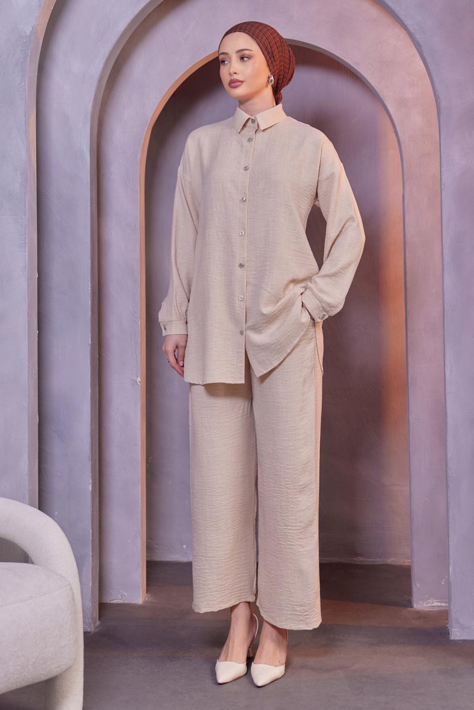 Tesettür giyim BEJ GÖMLEK YAKA PANTOLONLU TAKIM T 3183