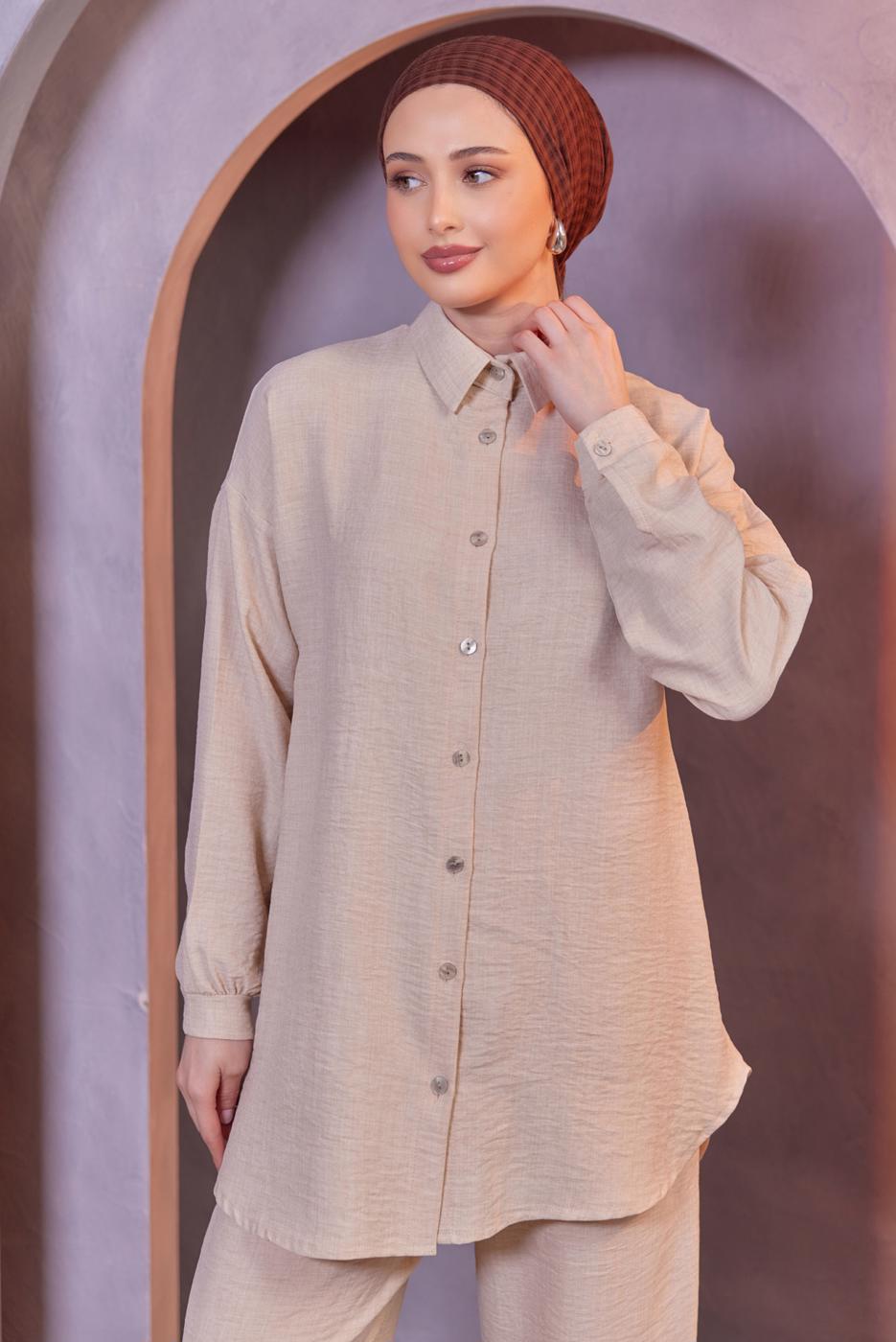 Tesettür giyim BEJ GÖMLEK YAKA PANTOLONLU TAKIM T 3183