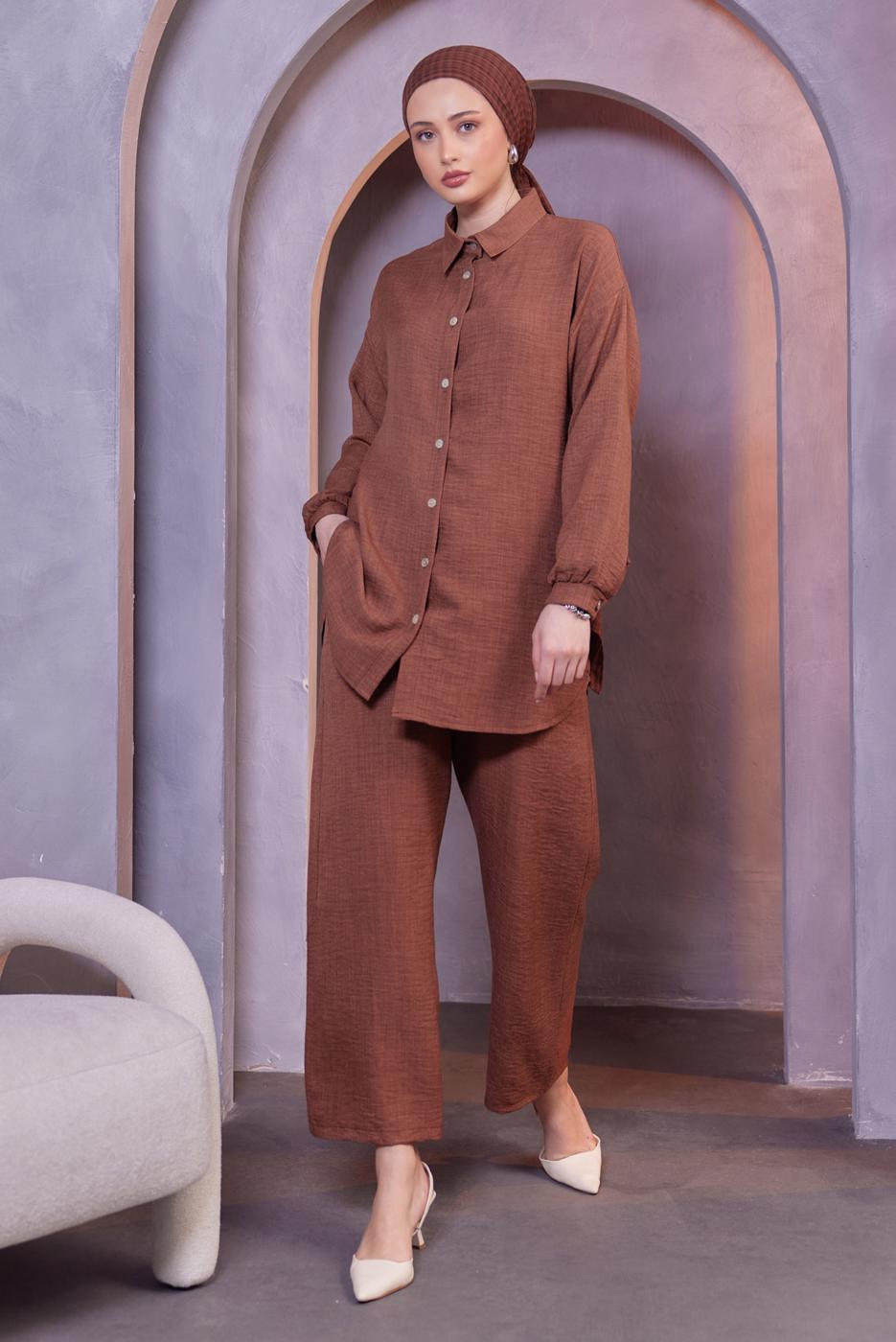 Hijab clothing BROWN SHIRT COLLAR PANTS SUIT T 3183