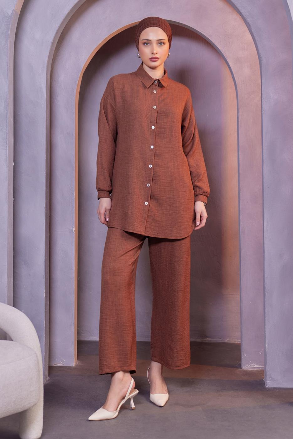 Hijab clothing BROWN SHIRT COLLAR PANTS SUIT T 3183
