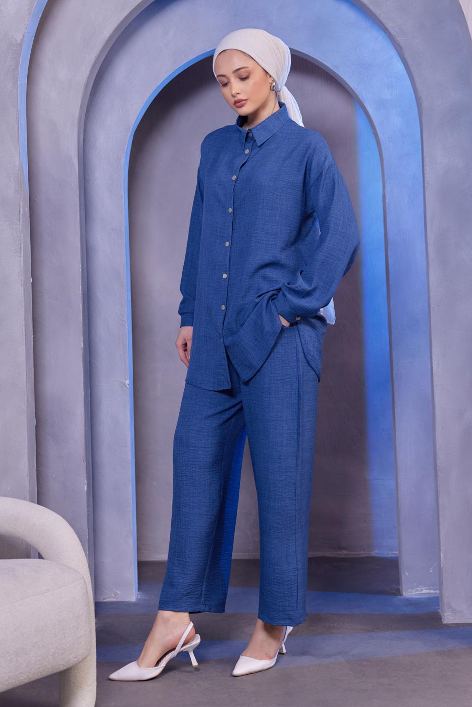 Tesettür giyim LACİVERT GÖMLEK YAKA PANTOLONLU TAKIM T 3183