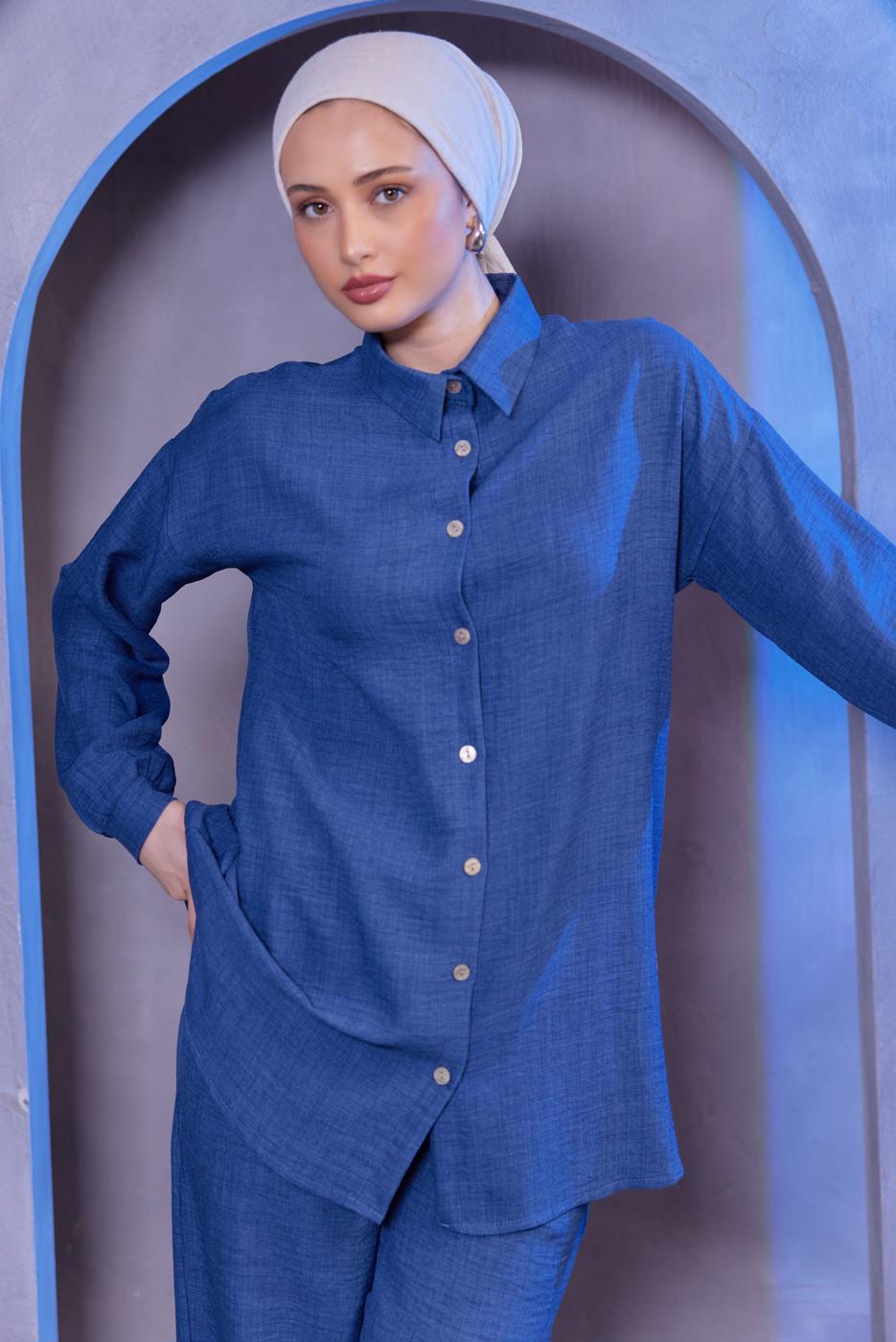 Tesettür giyim LACİVERT GÖMLEK YAKA PANTOLONLU TAKIM T 3183