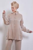 Tesettür giyim BEJ GÖMLEK YAKA PANTOLONLU TAKIM T 3193