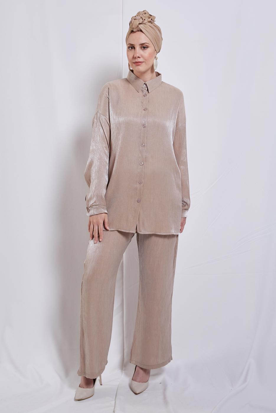 Tesettür giyim BEJ GÖMLEK YAKA PANTOLONLU TAKIM T 3193