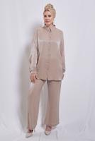 Tesettür giyim BEJ GÖMLEK YAKA PANTOLONLU TAKIM T 3193