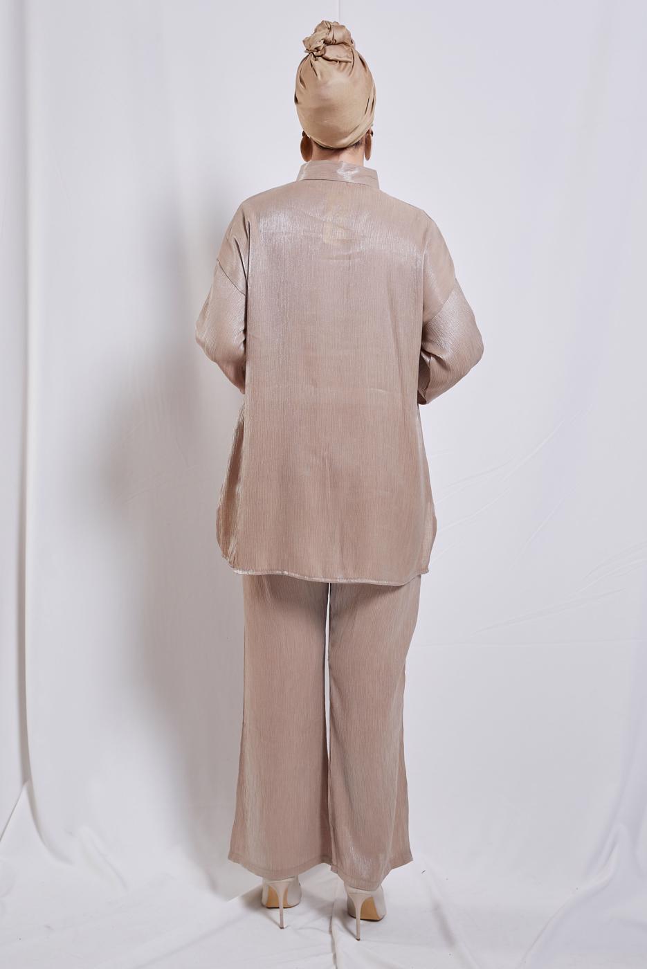 Tesettür giyim BEJ GÖMLEK YAKA PANTOLONLU TAKIM T 3193