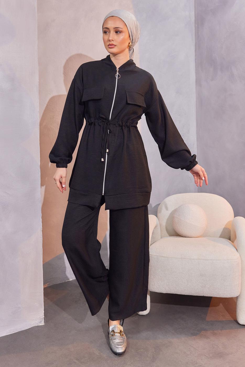 Tesettür giyim SİYAH BELİ BAĞCIKLI PANTOLONLU TAKIM T 3304