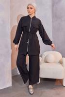 Tesettür giyim SİYAH BELİ BAĞCIKLI PANTOLONLU TAKIM T 3304