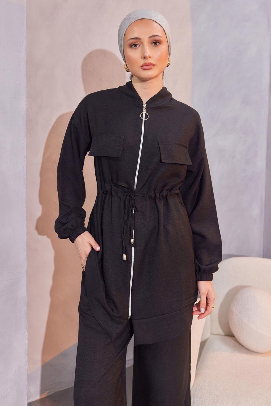 Tesettür giyim SİYAH BELİ BAĞCIKLI PANTOLONLU TAKIM T 3304