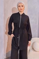 Tesettür giyim SİYAH BELİ BAĞCIKLI PANTOLONLU TAKIM T 3304