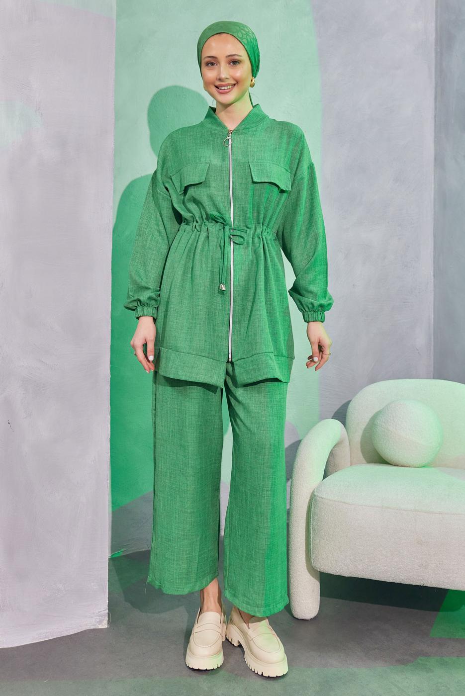 Tesettür giyim YEŞİL BELİ BAĞCIKLI PANTOLONLU TAKIM T 3304