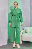 Tesettür giyim YEŞİL BELİ BAĞCIKLI PANTOLONLU TAKIM T 3304